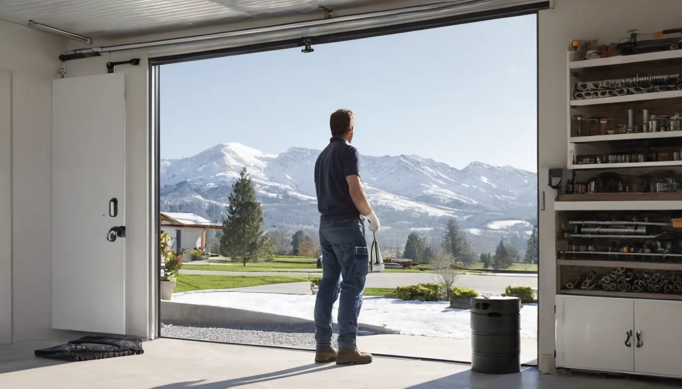 A friendly local provider in Castle Pines checking the torsion spring above a residential garage door while a homeowner looks on